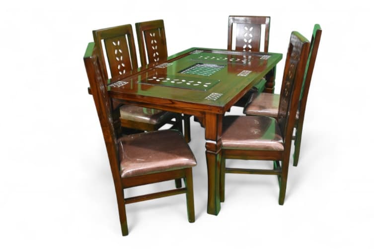 Penang Malaysian 6 Seater Dining Sets In teak Finish with the top glass