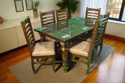 Malaysian 6 Seater Dining Table Set In teak Colour with glass