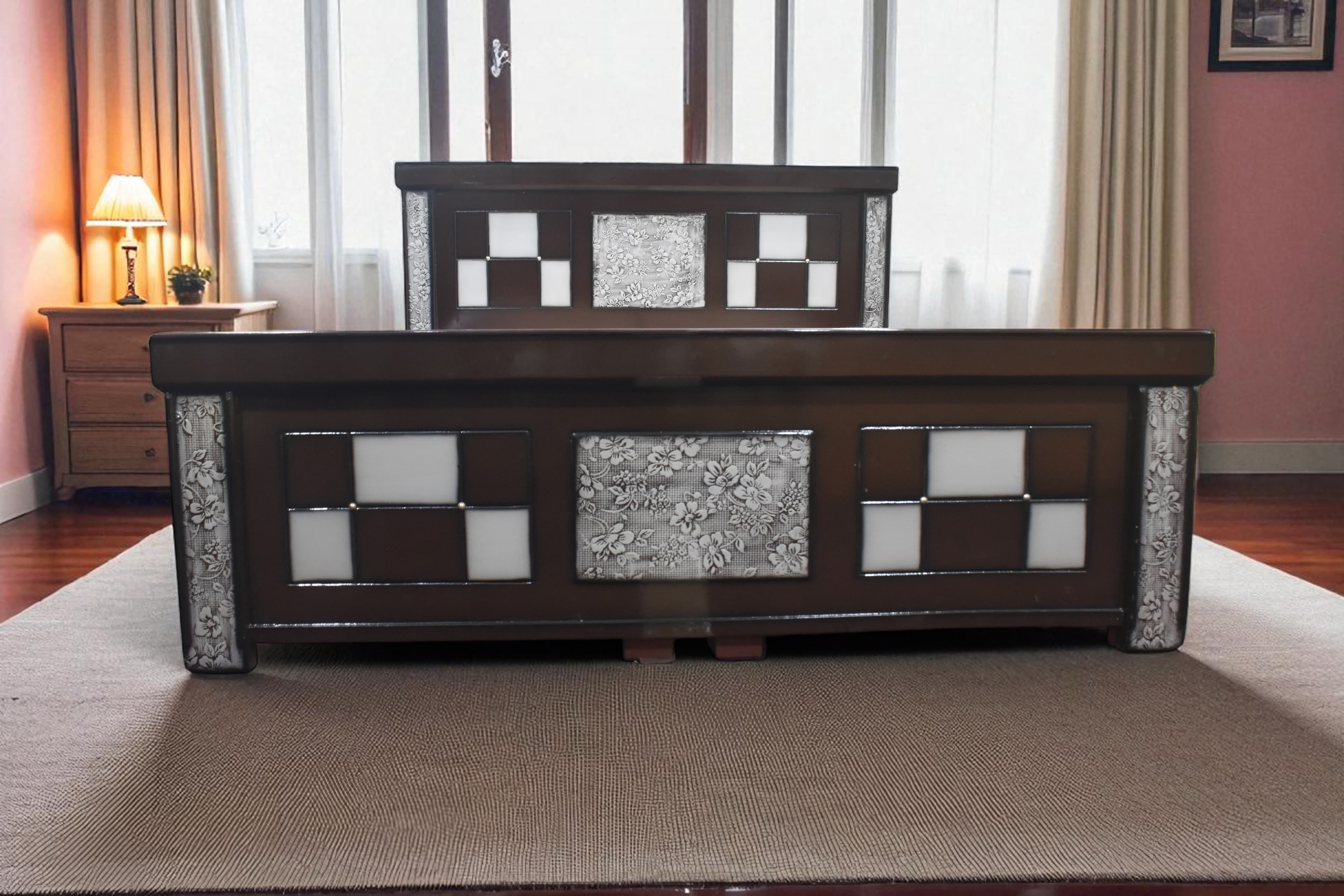 Floral Chess  King Size Bed in Brown Colour With Storage