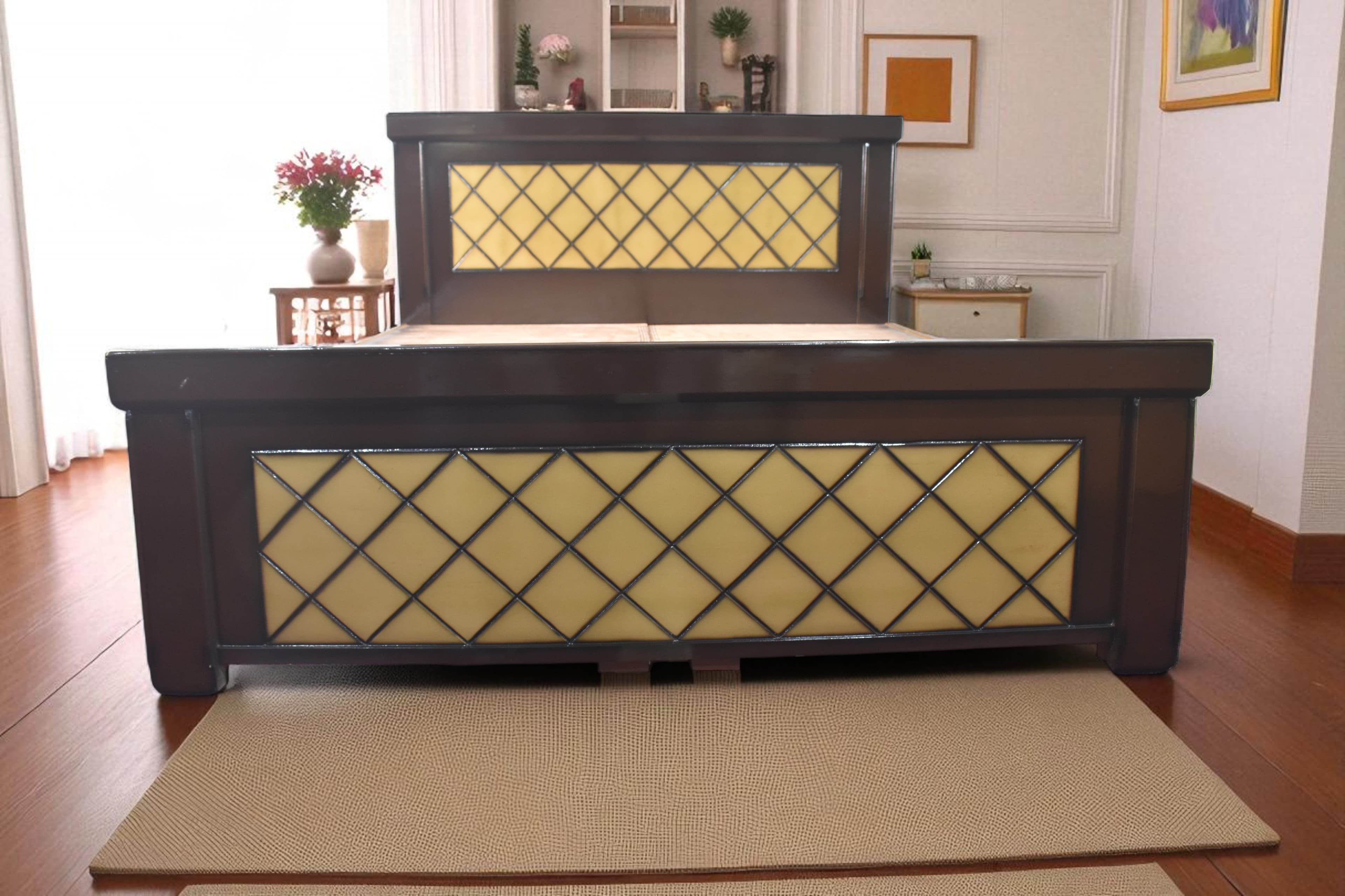 Golden Lattice Bed In Provincial brown golden Finish
