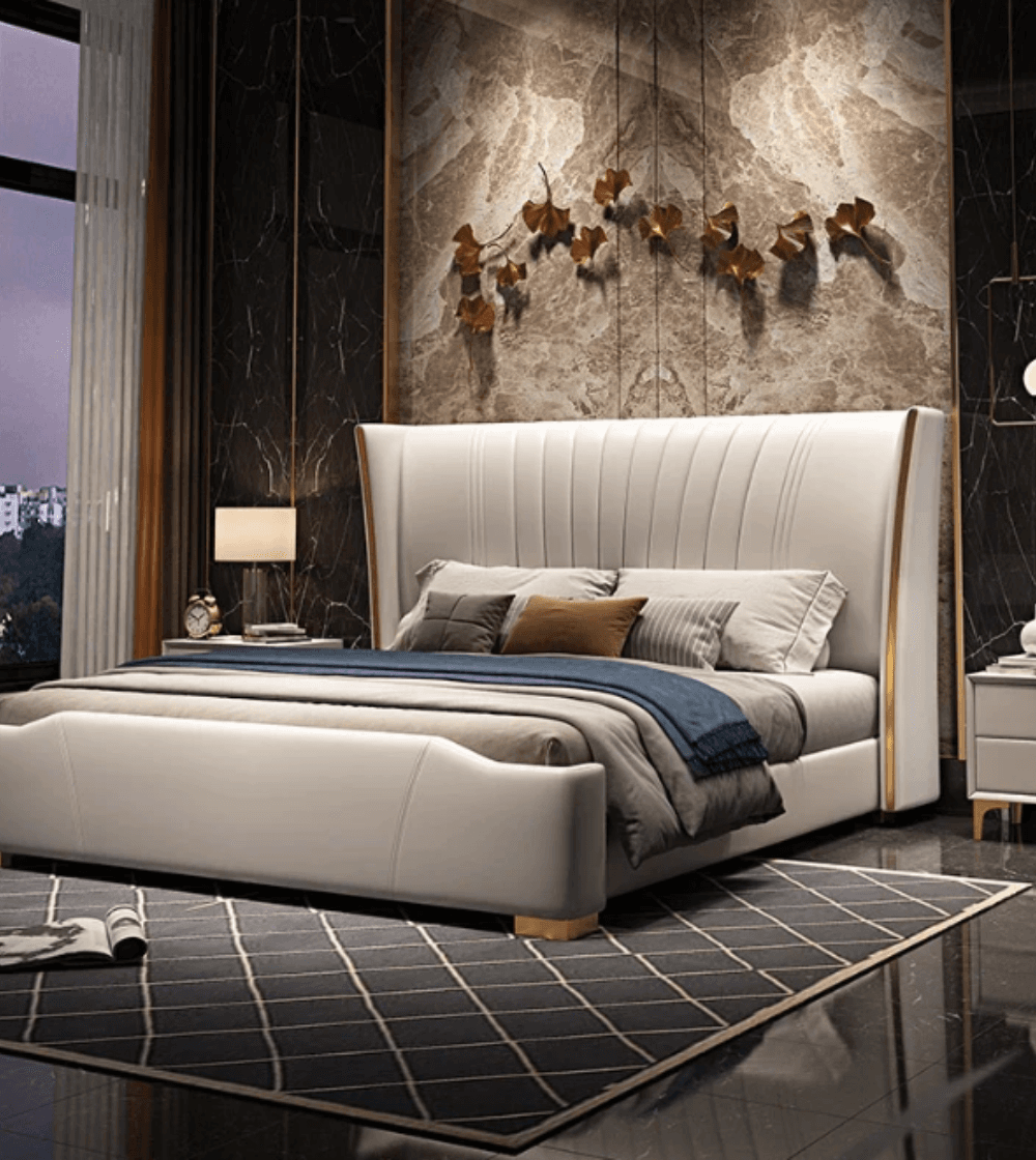 Luxury Modern Upholstered King Size Bed – High Backrest with Gold Accents