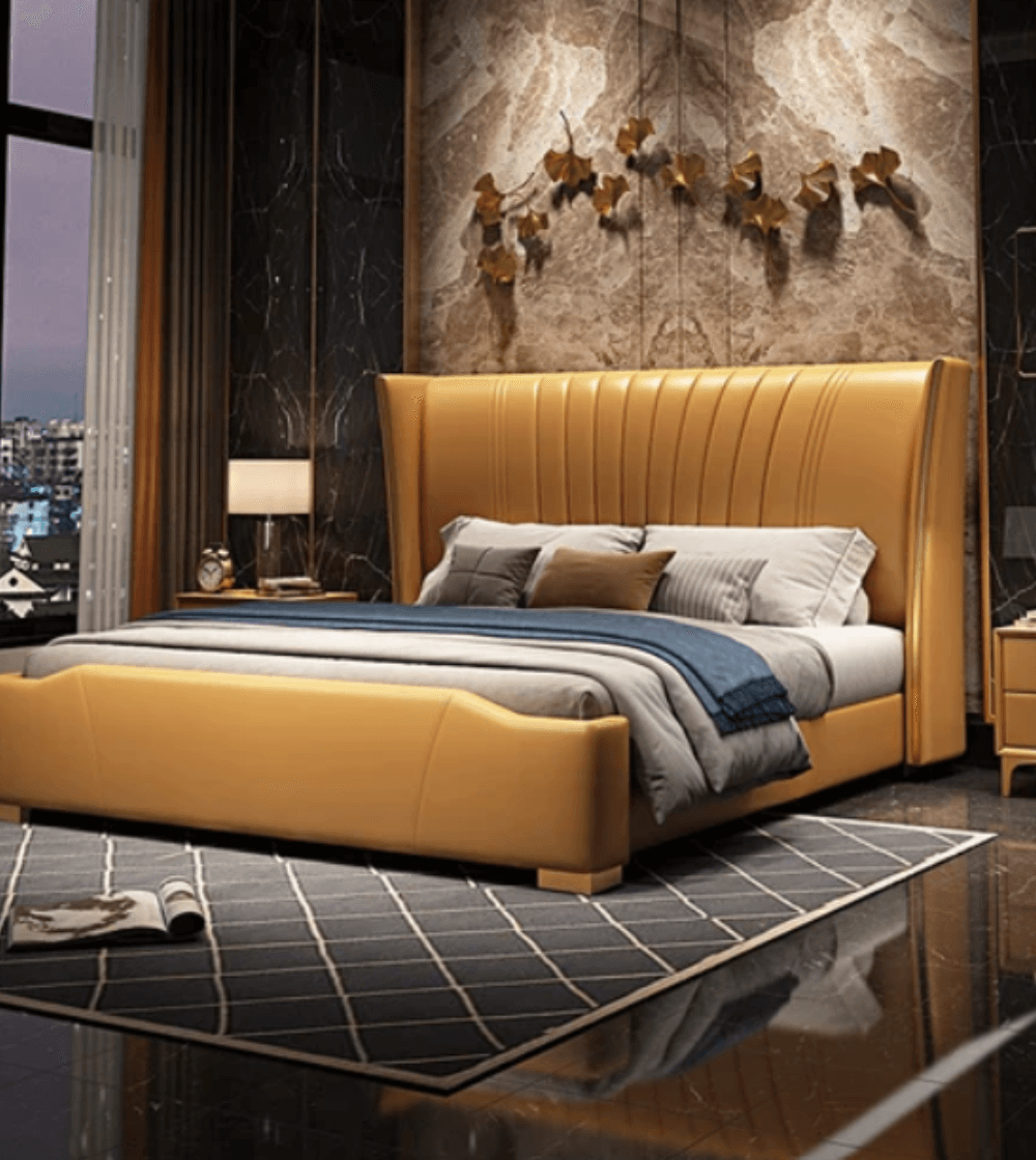 Luxury Modern Upholstered King Size Bed – High Backrest with Gold Accents