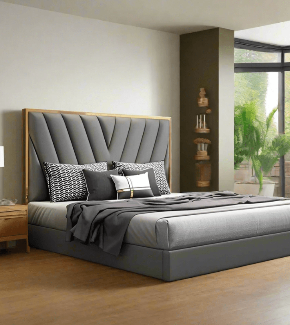 Luxury Modern King Size Bed – High Backrest with Grey Accents